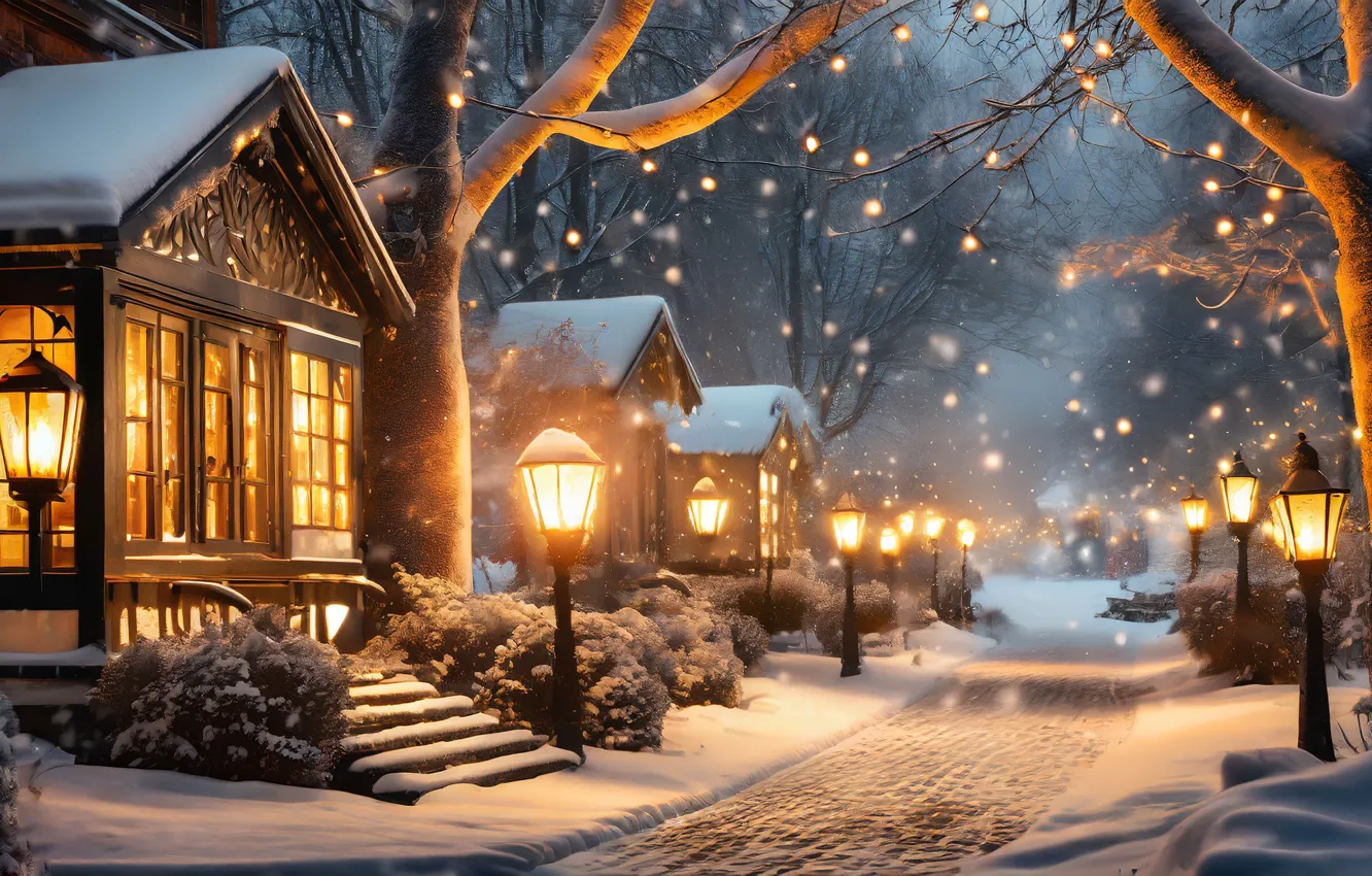 Photo wallpaper winter, snow, trees, bench, night, lights, street, lights
