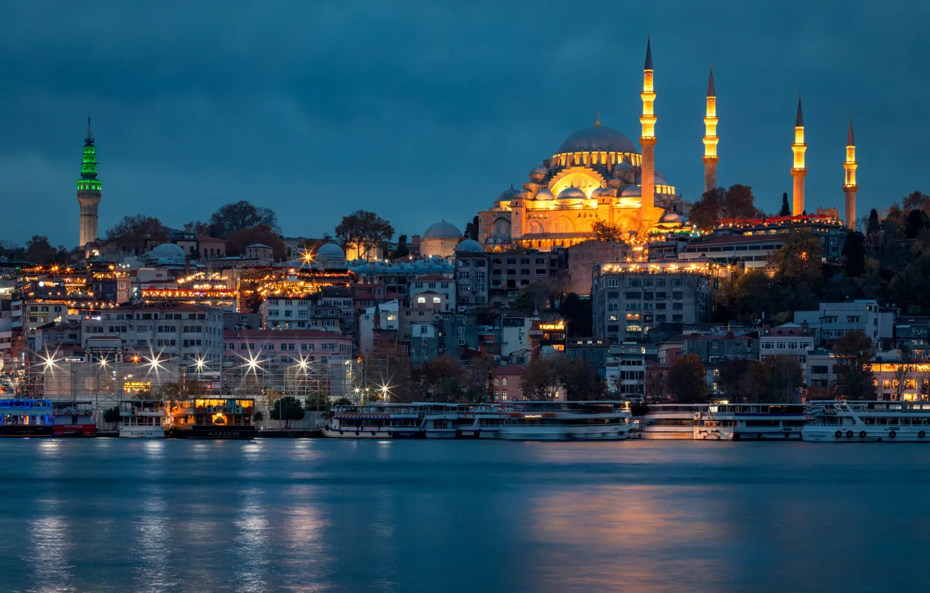 Photo wallpaper sea, the city, building, home, ships, the evening, lighting, mosque
