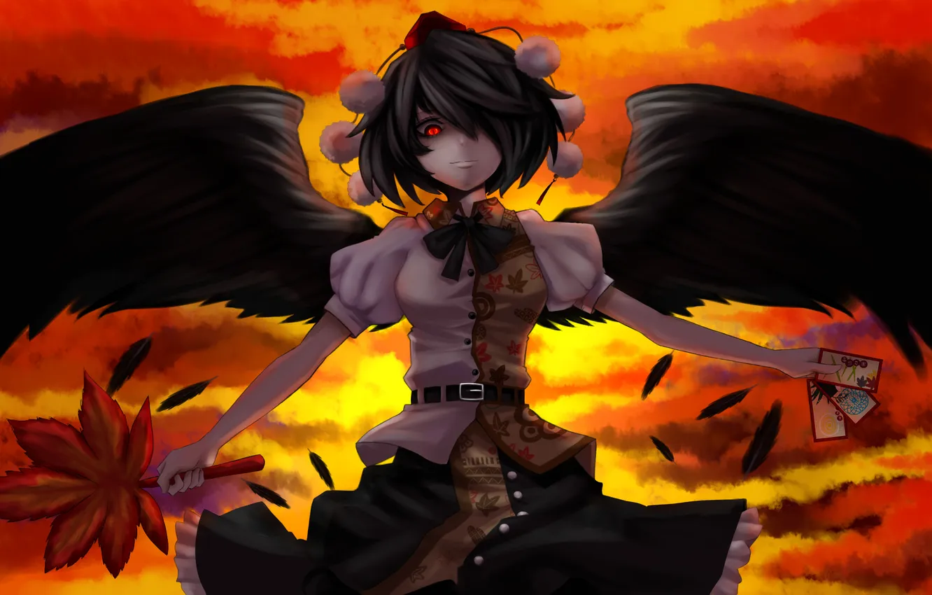 Photo wallpaper eyes, leaves, girl, wings, feathers, art, touhou, shameimaru aya