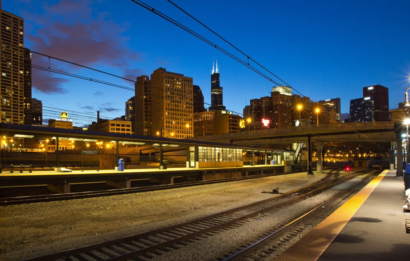 Photo wallpaper night, the city, lights, river, skyscrapers, Chicago, Illinois