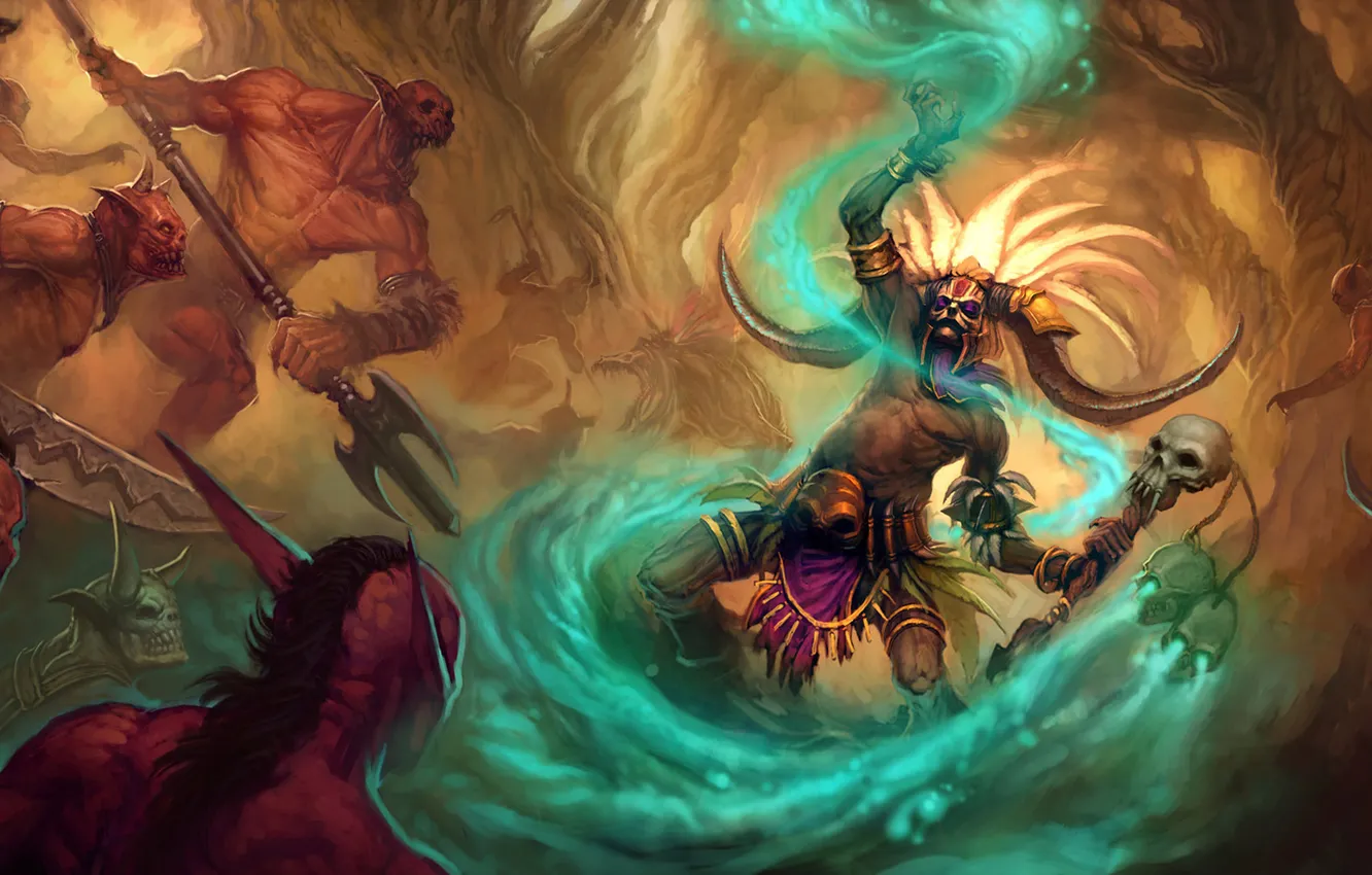 Photo wallpaper magic, monster, sword, mask, staff, Diablo 3, shaman, Witch Doctor