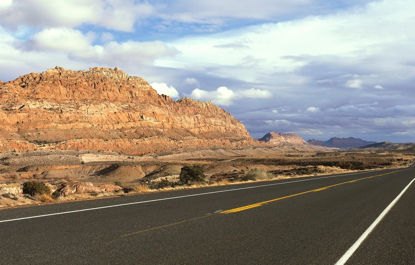Photo wallpaper The sky, Clouds, Photo, Road, Mountains, Rocks, Desert, Stones