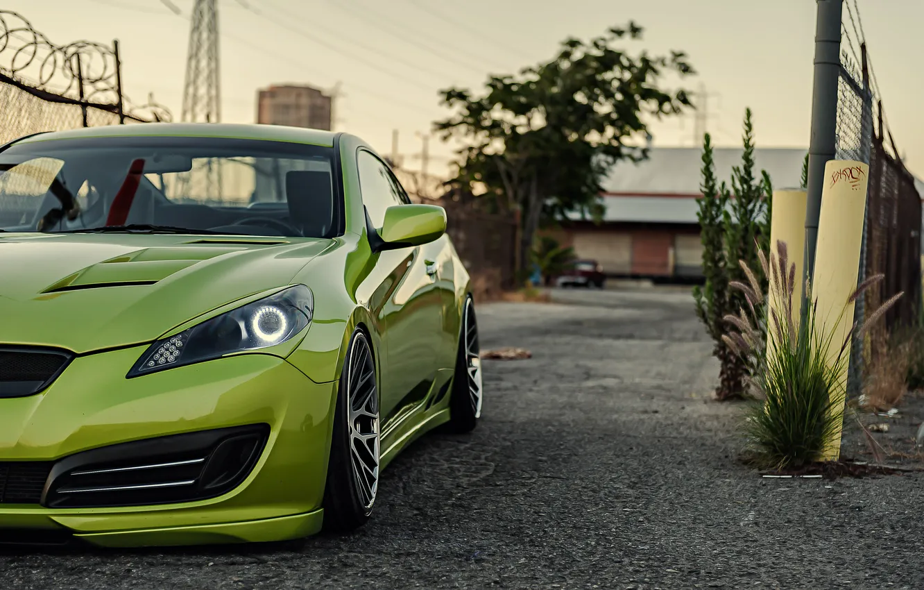Photo wallpaper green, green, coupe, Hyundai, tuning, Hyundai, stance, Genesis