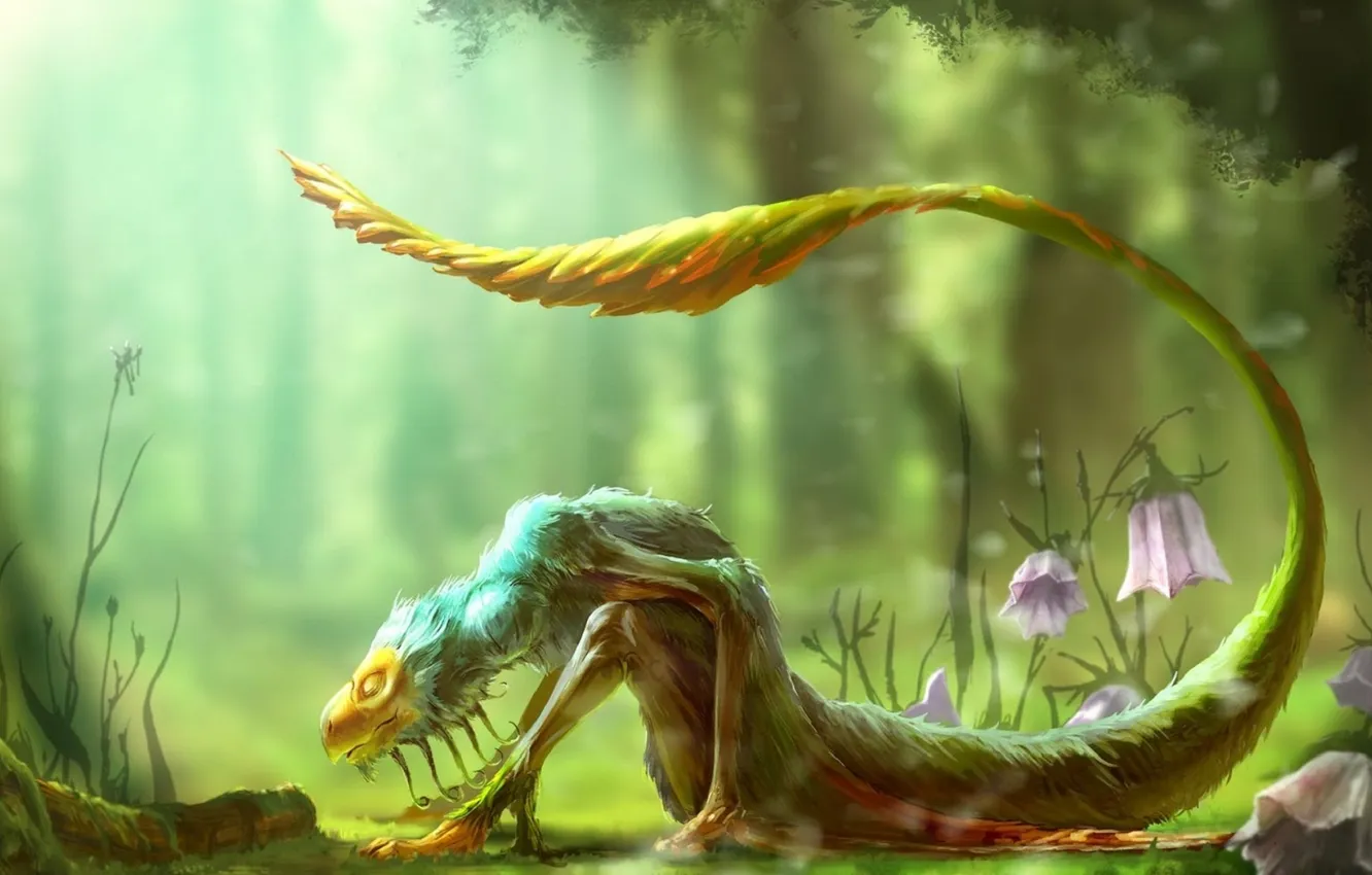 Photo wallpaper forest, flowers, fantasy, being, beak, tail