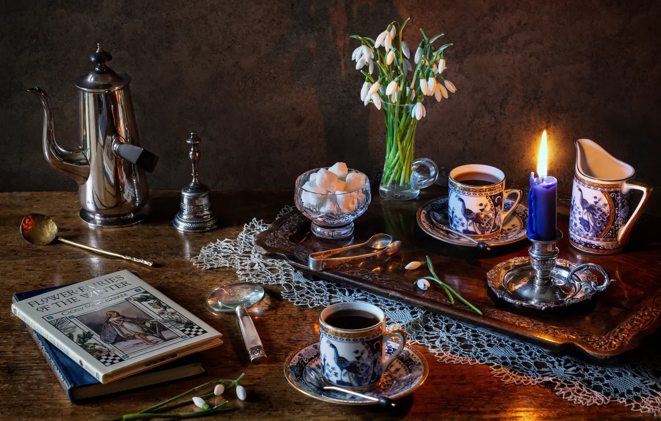 Photo wallpaper coffee, bouquet, candles, snowdrops, Cup, sugar, book, magnifier
