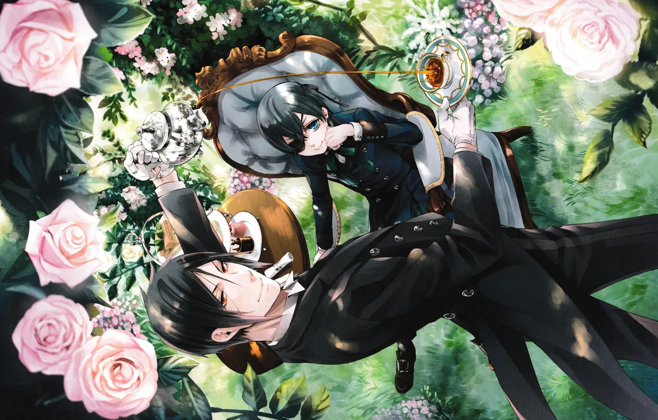 Photo wallpaper the tea party, eye patch, pink roses, sitting in the chair, in the garden, Kuroshitsuji, …