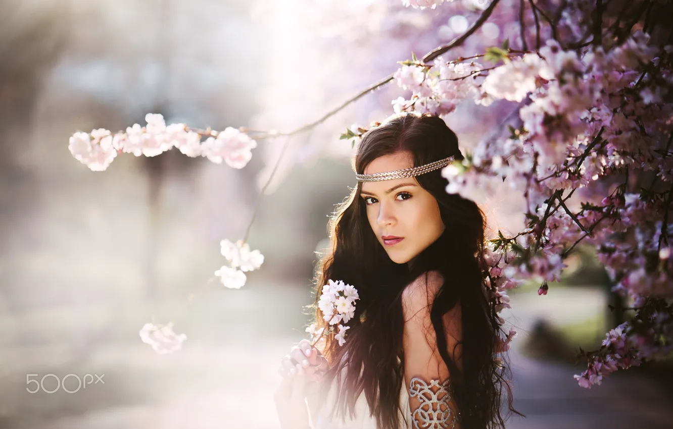 Photo wallpaper eyes, look, girl, flowers, branches, spring, Ukraine