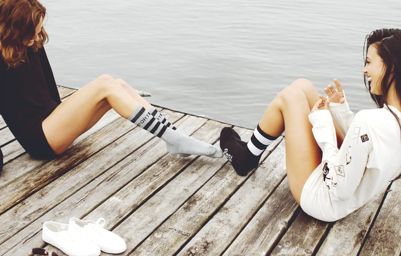 Photo wallpaper girl, smile, brunette, red, two