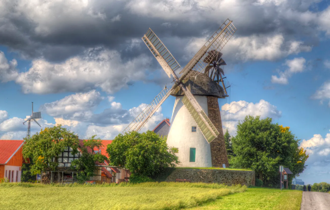 Photo wallpaper road, summer, the sky, grass, the sun, clouds, trees, HDR
