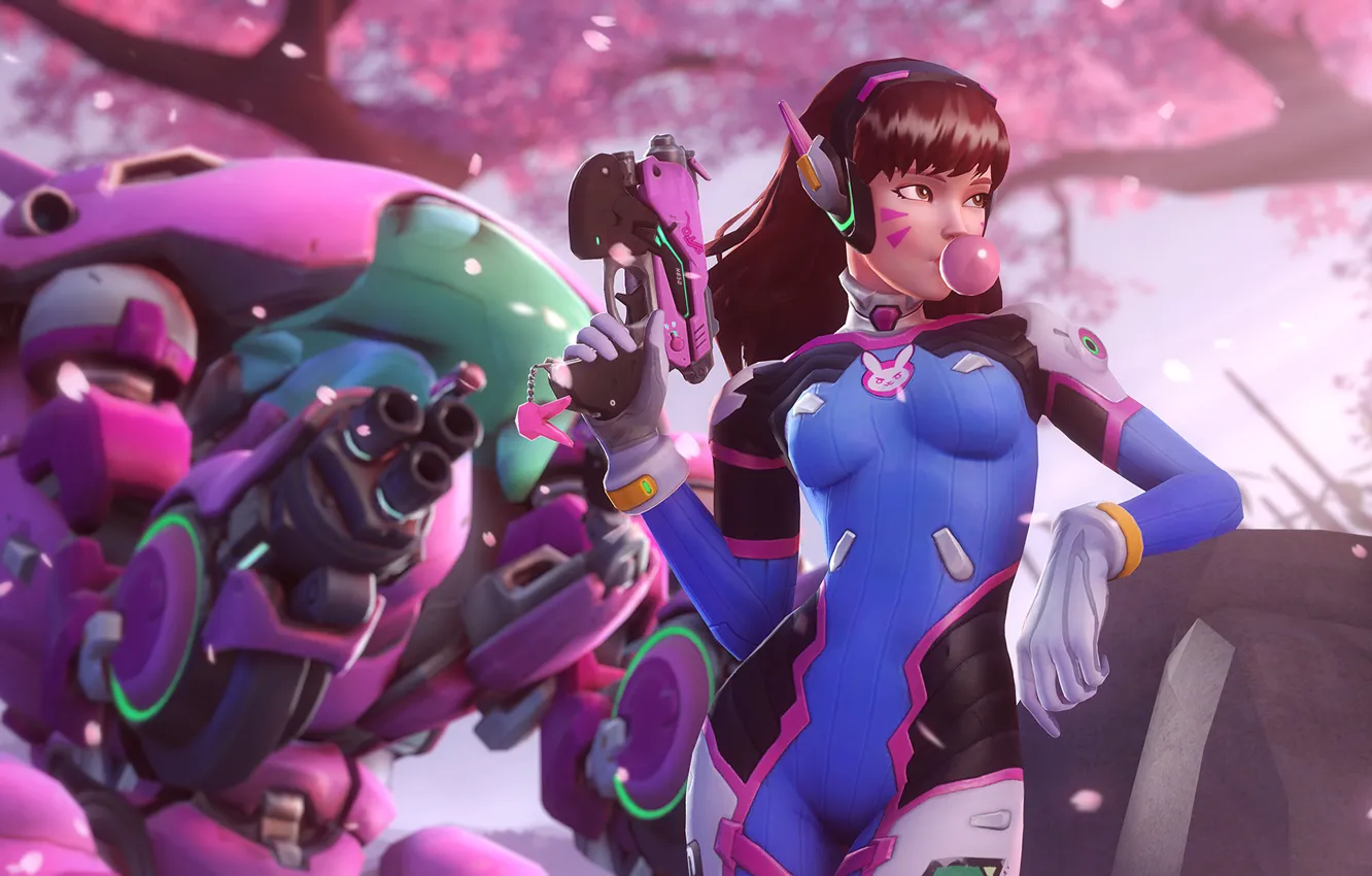 Photo wallpaper girl, gun, robot, gum, Overwatch, D.Va, Hana Song