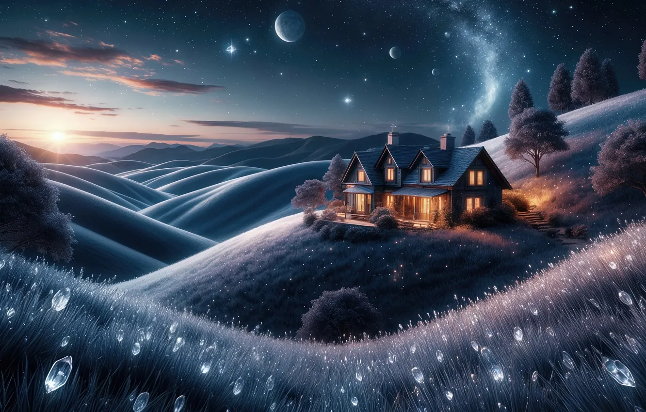 Photo wallpaper night, fantasy, hills, house, AI art, neural network