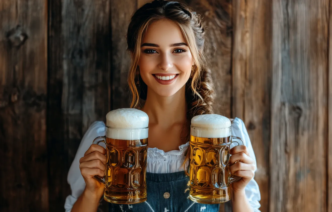 Photo wallpaper glass, foam, girl, smile, Board, beer, mug, the waitress