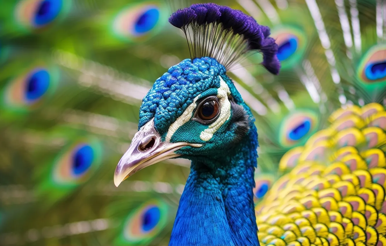 Photo wallpaper look, bird, portrait, feathers, peacock, bokeh, crest, AI art