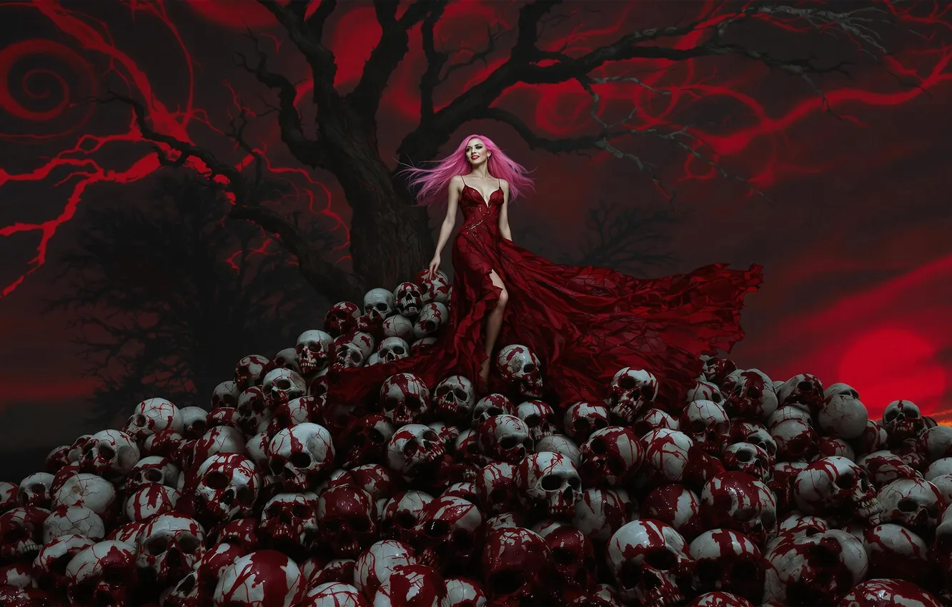 Photo wallpaper girl, trees, night, darkness, skull, the demon, Lilith