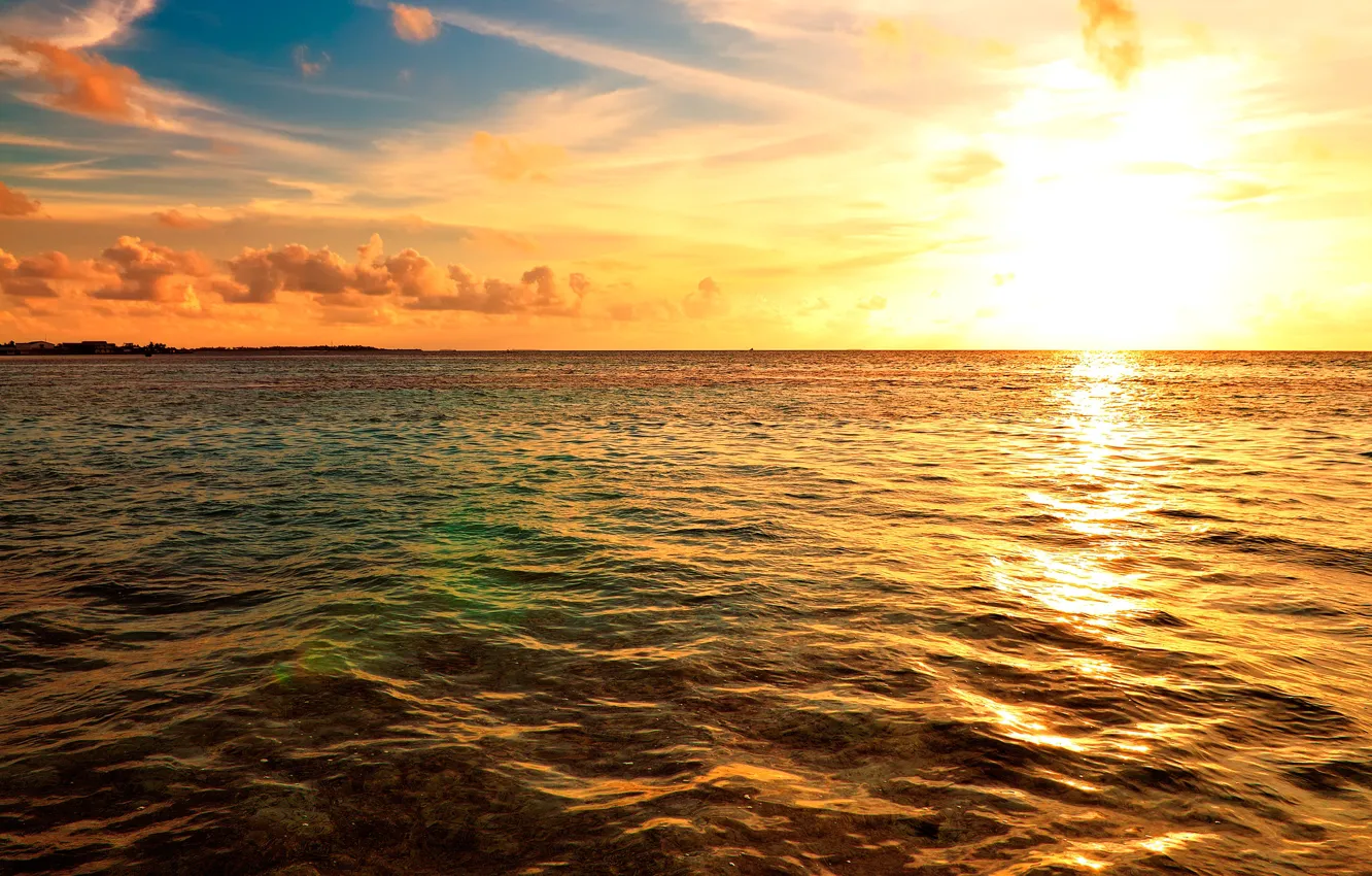 Photo wallpaper sea, the sky, the sun, clouds, dawn, coast, horizon, The Maldives