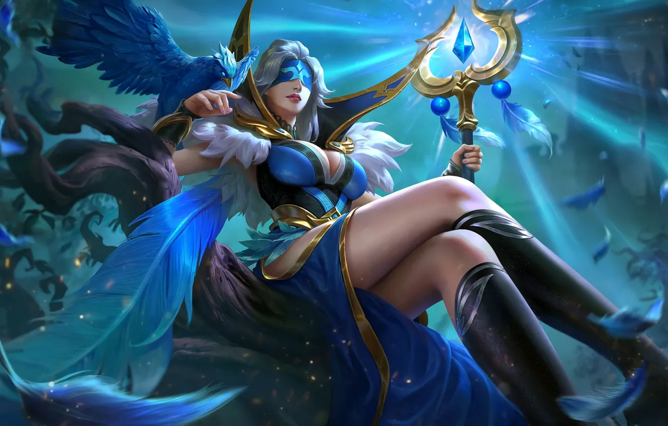 Photo wallpaper lights, the game, feathers, crystals, staff, game, characters, eye patch