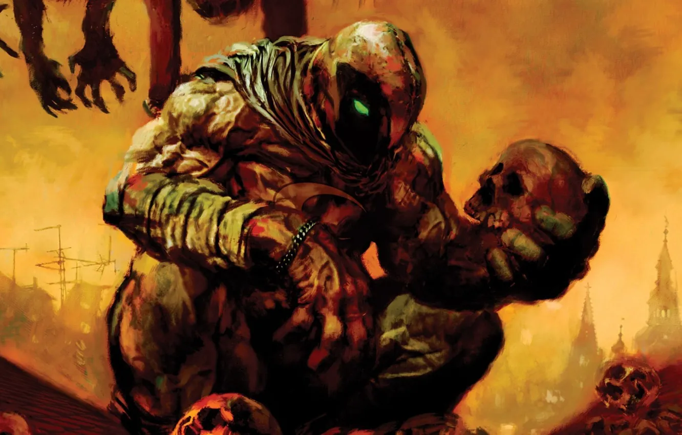 Photo wallpaper the sky, the city, people, skull, corpses, comic, Moon Knight, Moon Knight