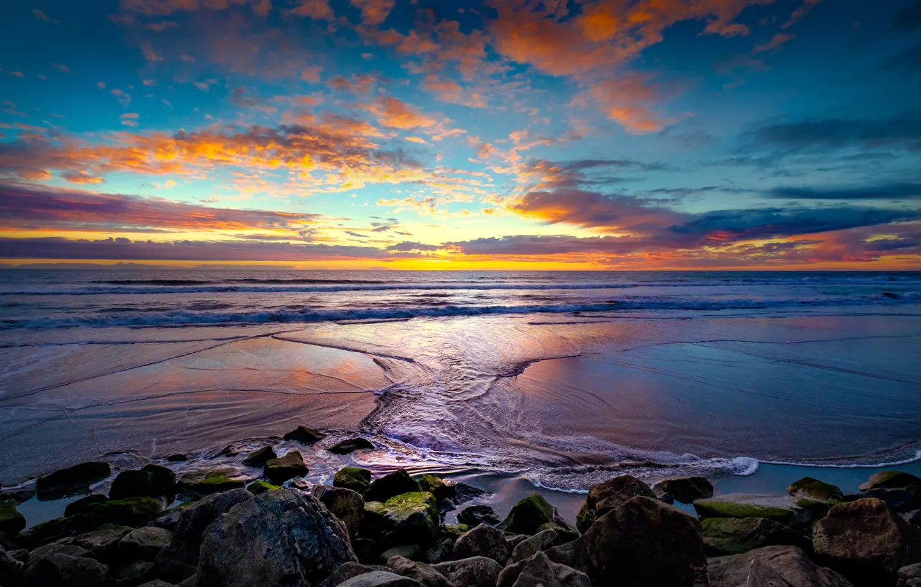 Photo wallpaper sea, wave, sunset, clouds, stones, shore, moss, rock