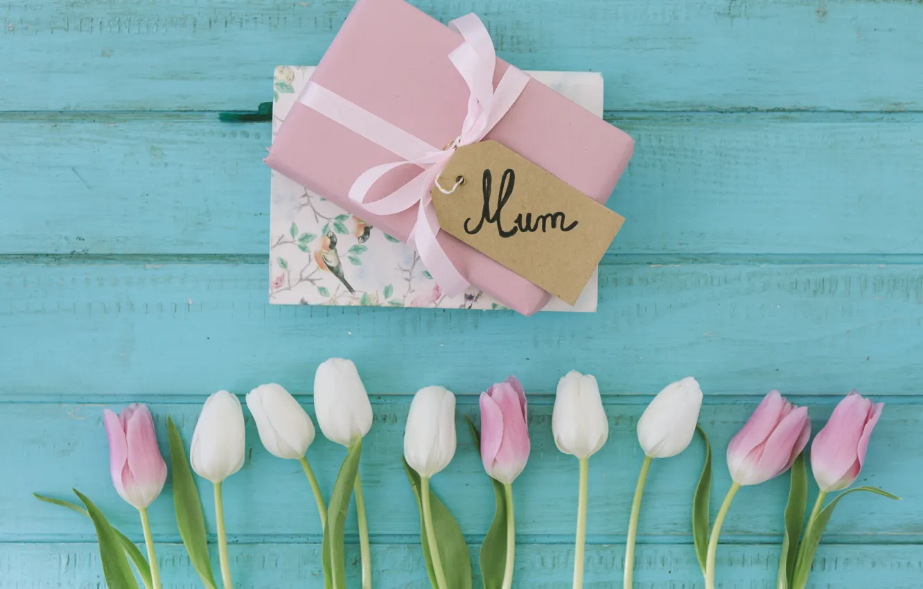 Photo wallpaper the inscription, bouquet, gifts, tulips, congratulations, mother's day