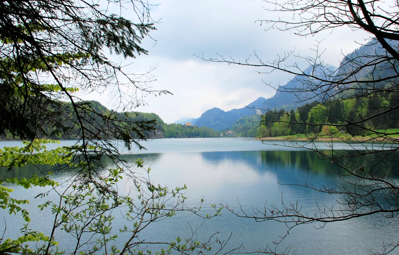 Photo wallpaper the sky, clouds, trees, mountains, lake