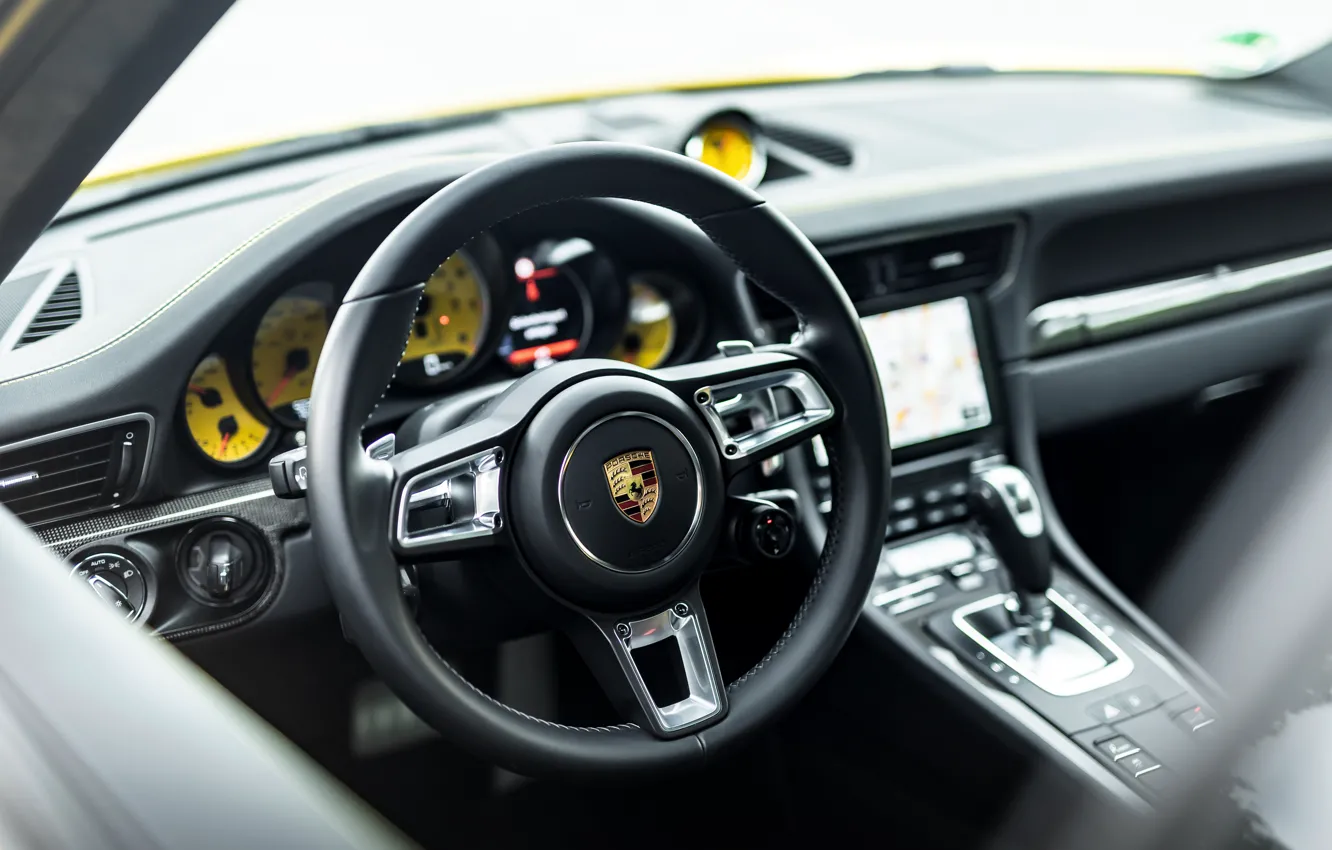 Photo wallpaper yellow, coupe, 911, Porsche, devices, the wheel, 991, Manhart