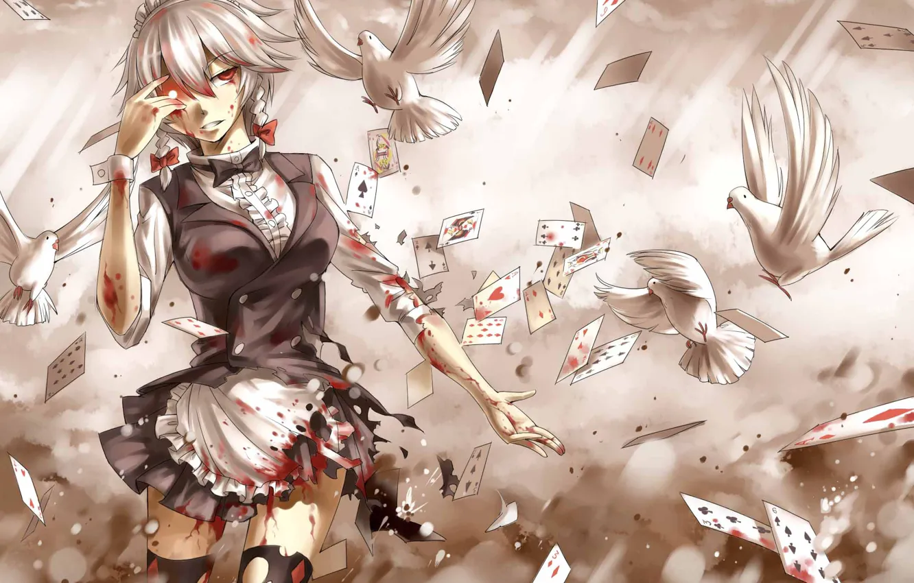 Photo wallpaper pigeons, the maid, torn clothes, Izayoi Sakuya, burning eyes, blood spatter, Touhou Project, playing cards