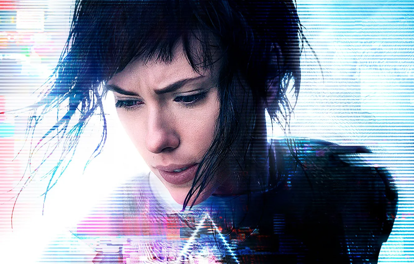 Photo wallpaper Scarlett Johansson, cinema, wallpaper, logo, robot, green eyes, woman, anime