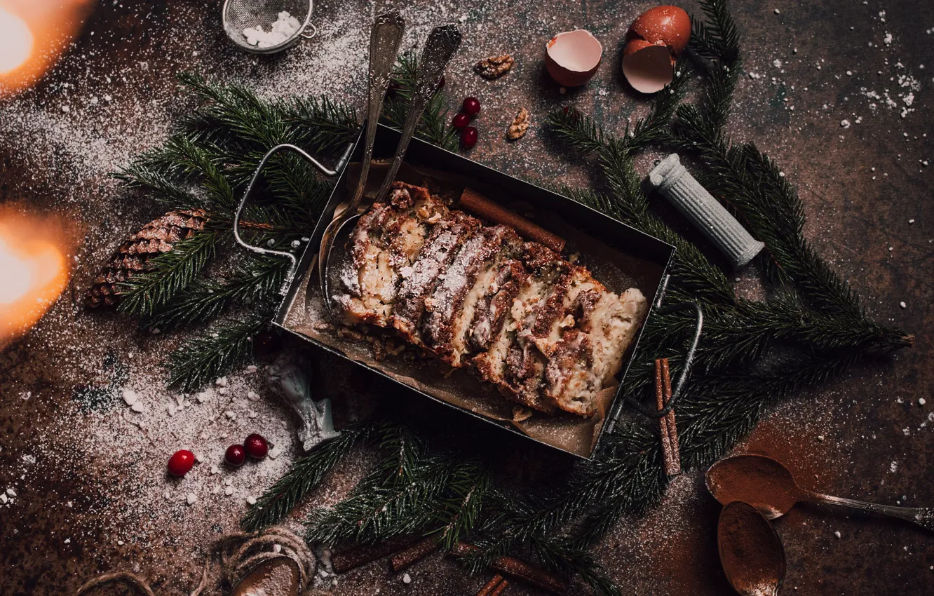 Photo wallpaper branches, berries, table, new year, eggs, Christmas, spoon, columns