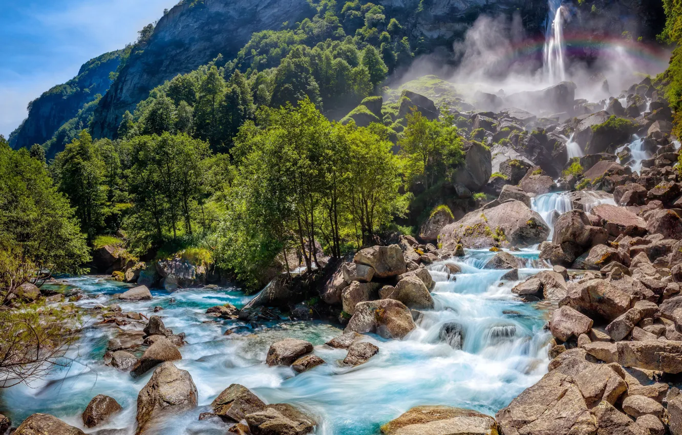 Photo wallpaper mountains, nature, river, waterfall, Switzerland