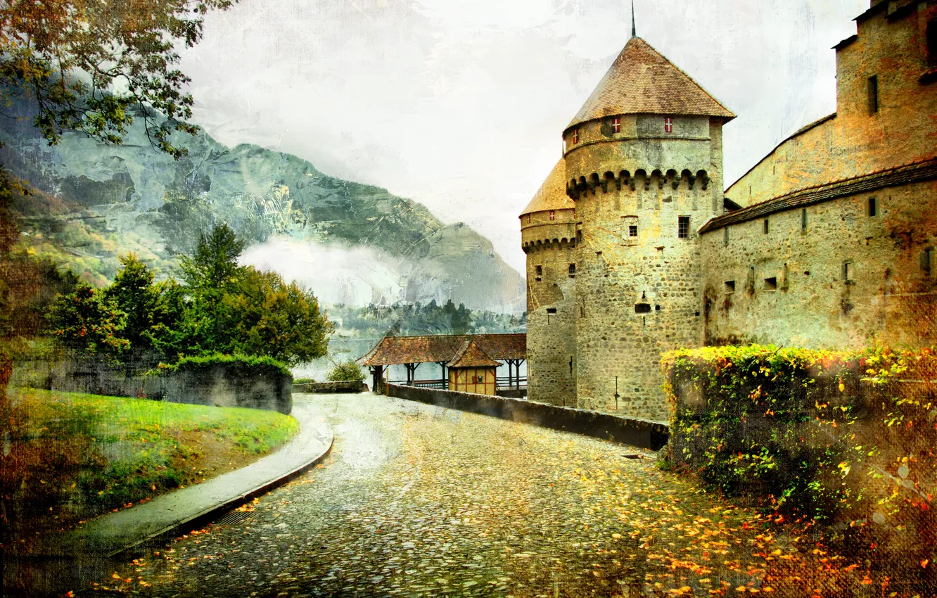 Photo wallpaper road, landscape, mountain, vintage, fairytale castle
