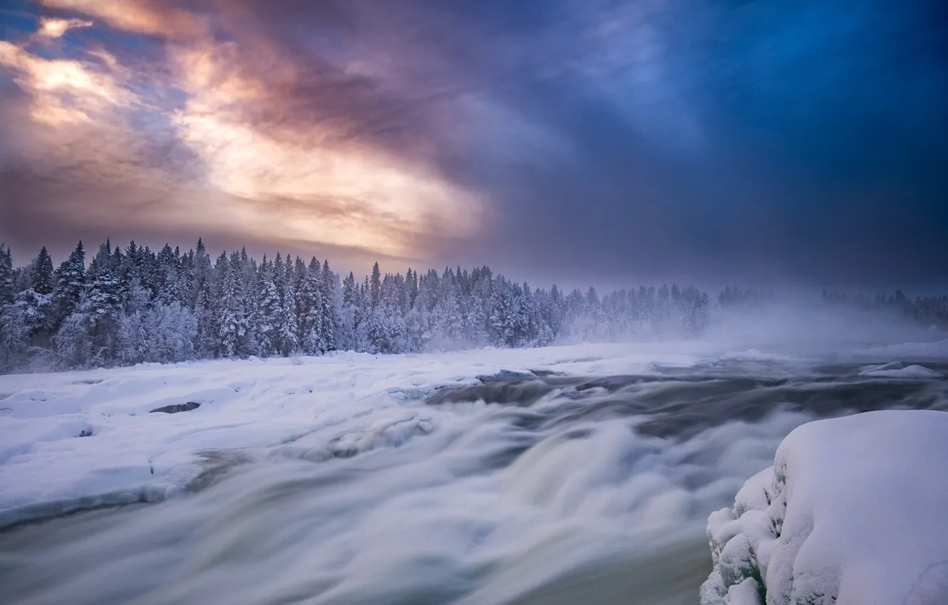 Photo wallpaper winter, forest, snow, sunset, river, Sweden, Sweden, the threshold