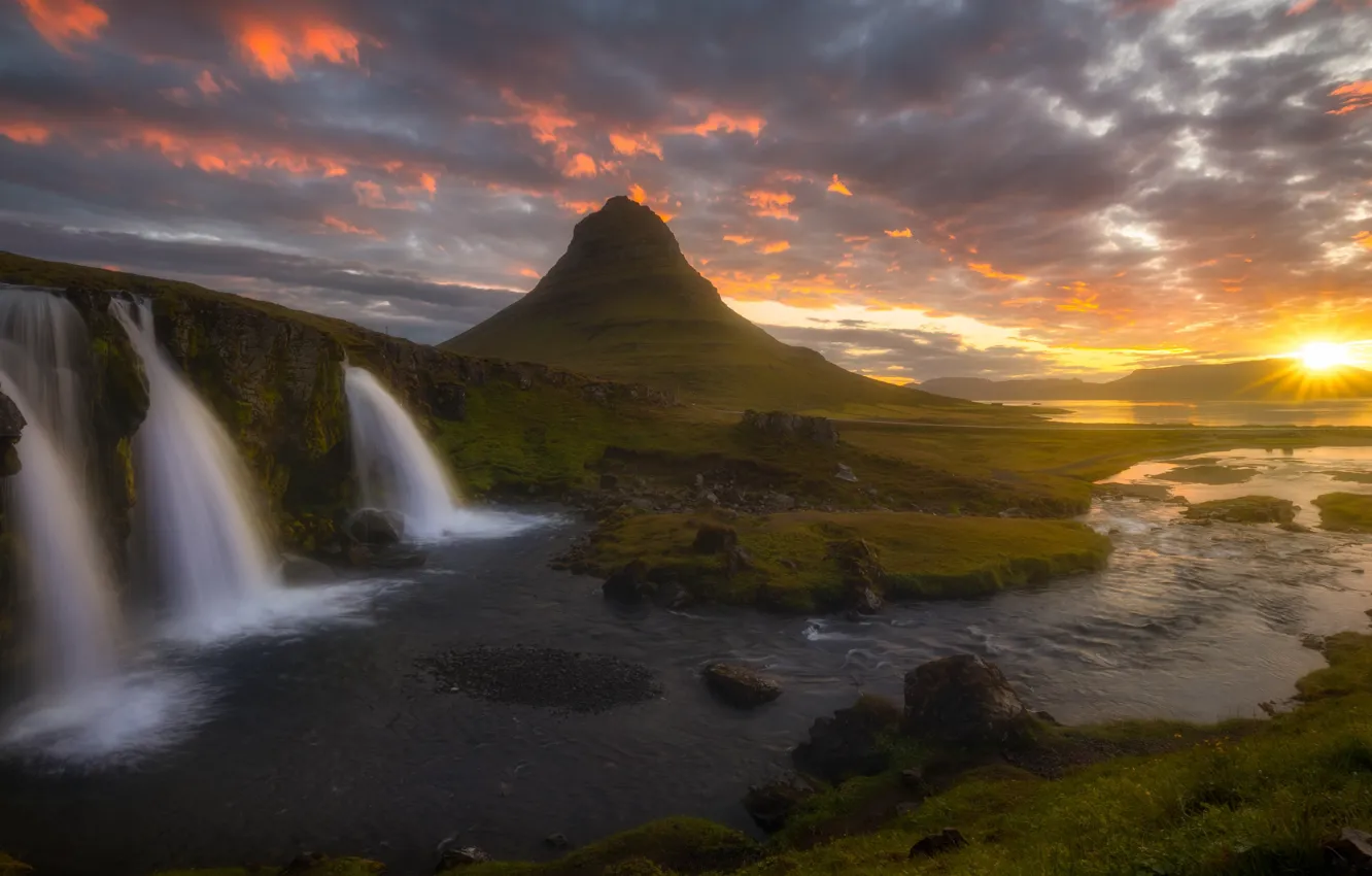 Photo wallpaper sunset, mountains, waterfall