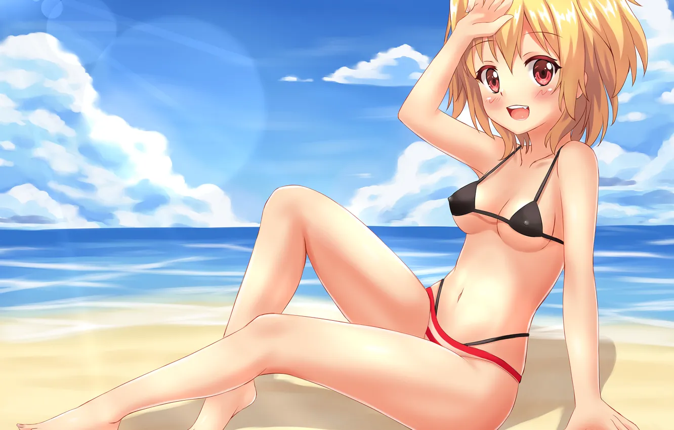 Photo wallpaper girl, sexy, cleavage, beach, sea, boobs, anime, beautiful