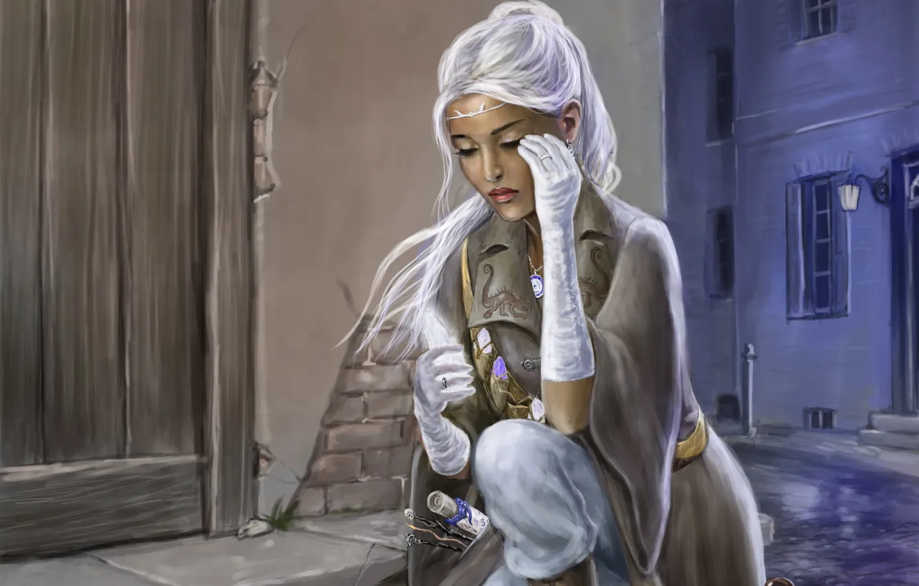 Photo wallpaper girl, the city, street, art, gloves, crystals, white hair