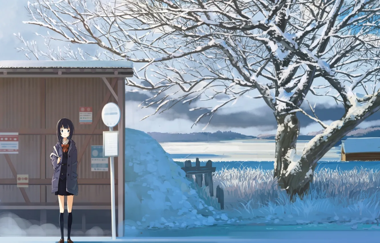 Photo wallpaper winter, girl, snow, tree, anime, signs, art, schoolgirl