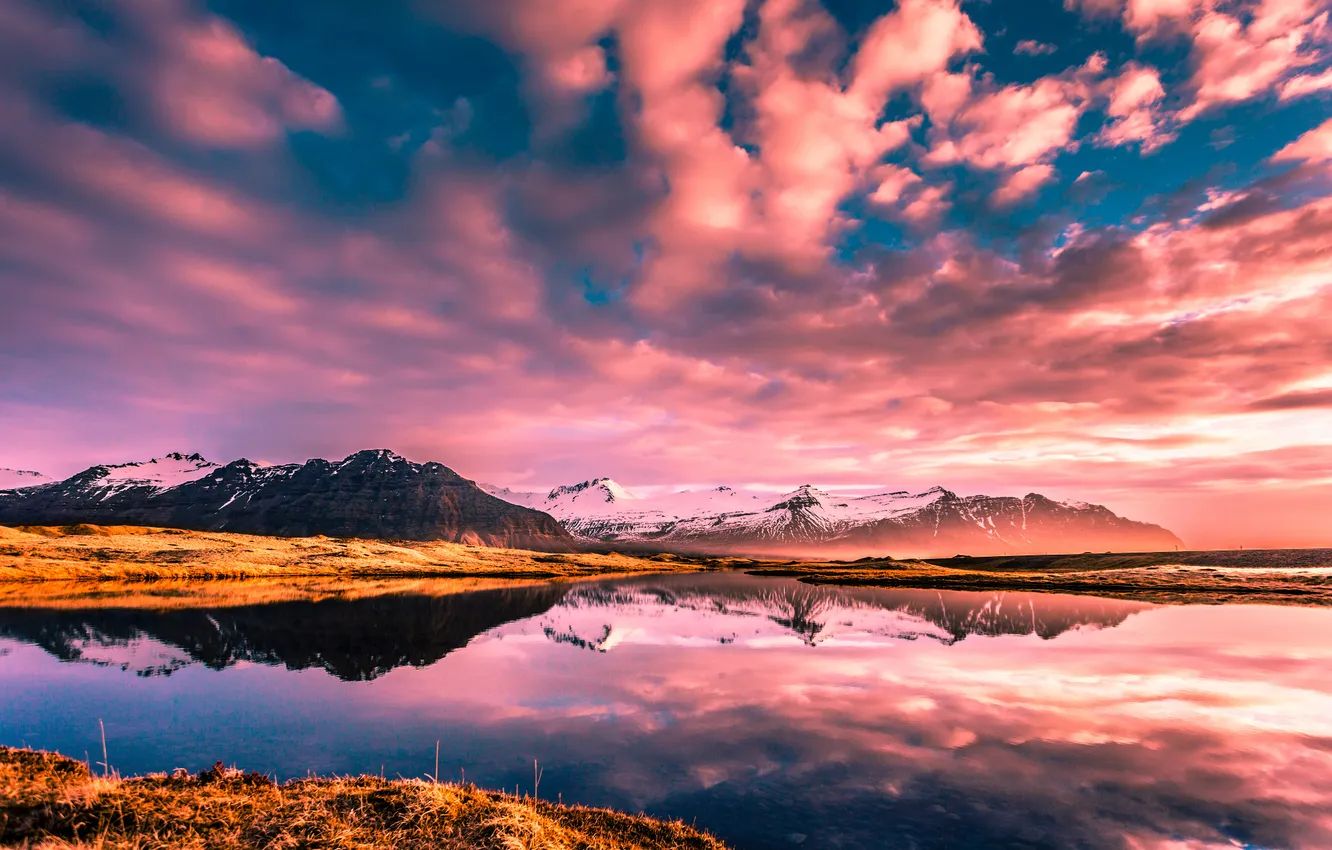 Photo wallpaper snow, sunset, mountains, lake, plain, Auster-Skaftafellssysla