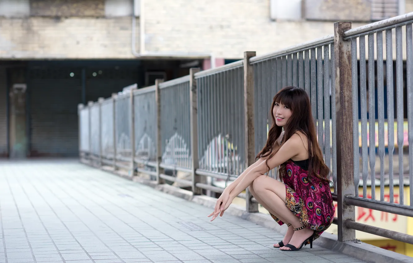 Photo wallpaper summer, girl, face, dress, legs, sitting, railings