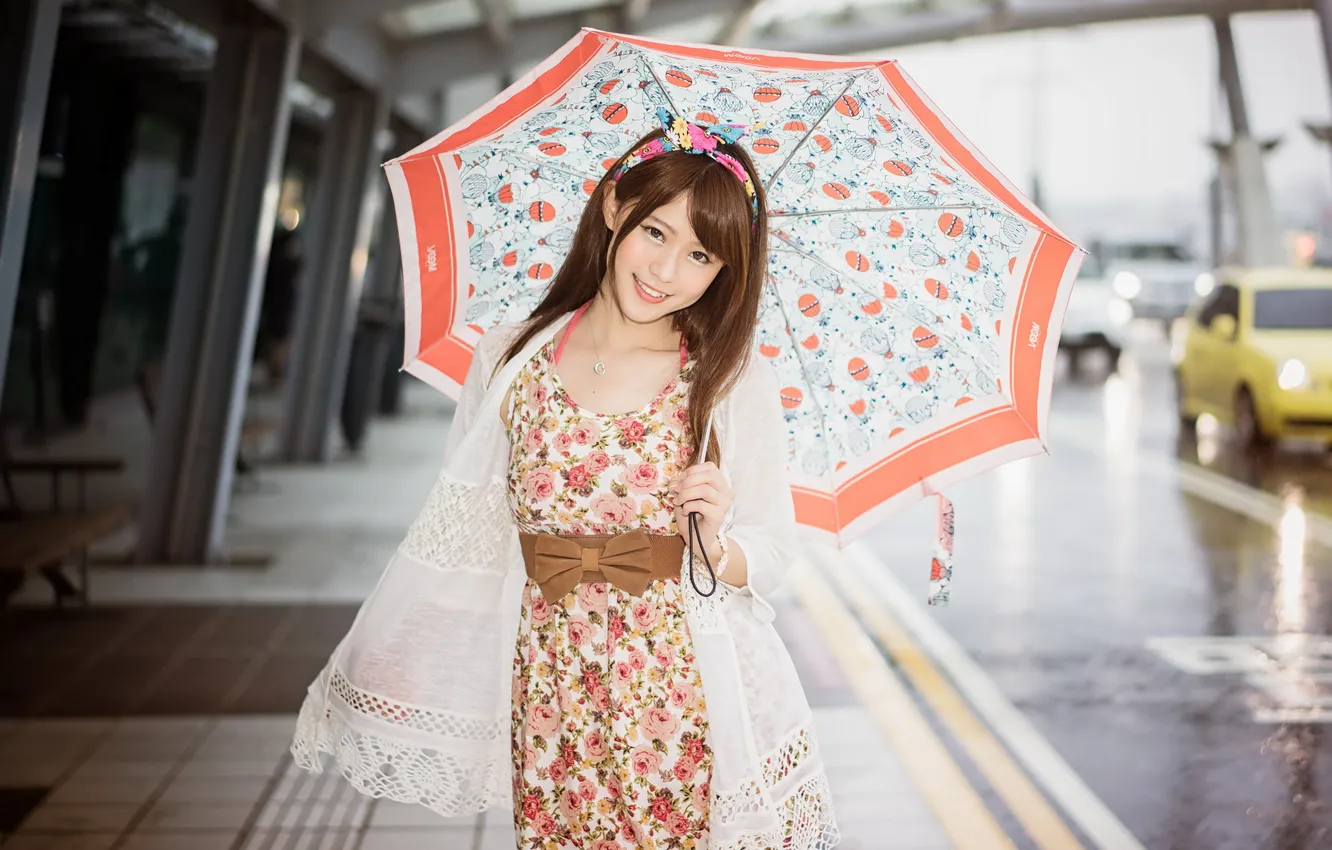 Photo wallpaper girl, smile, umbrella