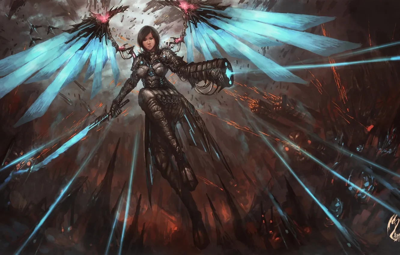 Photo wallpaper girl, weapons, fiction, wings, art, demoness
