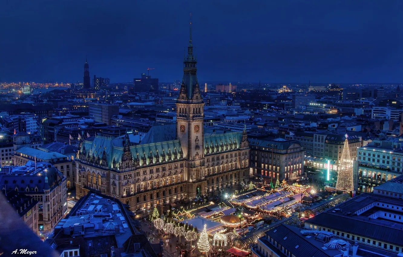 Photo wallpaper building, Germany, area, night city, Hamburg, Germany, town hall, Hamburg