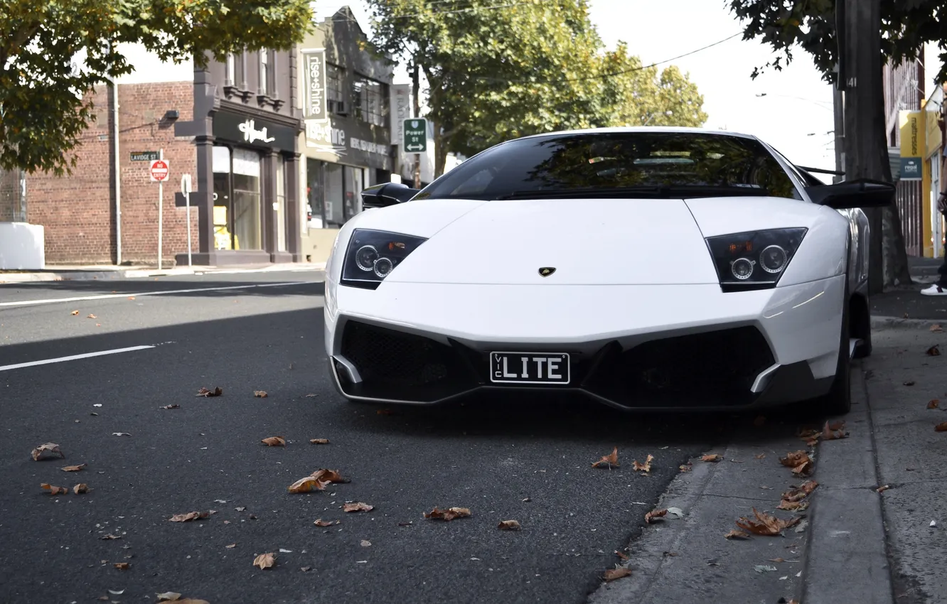 Photo wallpaper road, white, leaves, markup, street, Lamborghini, white, road