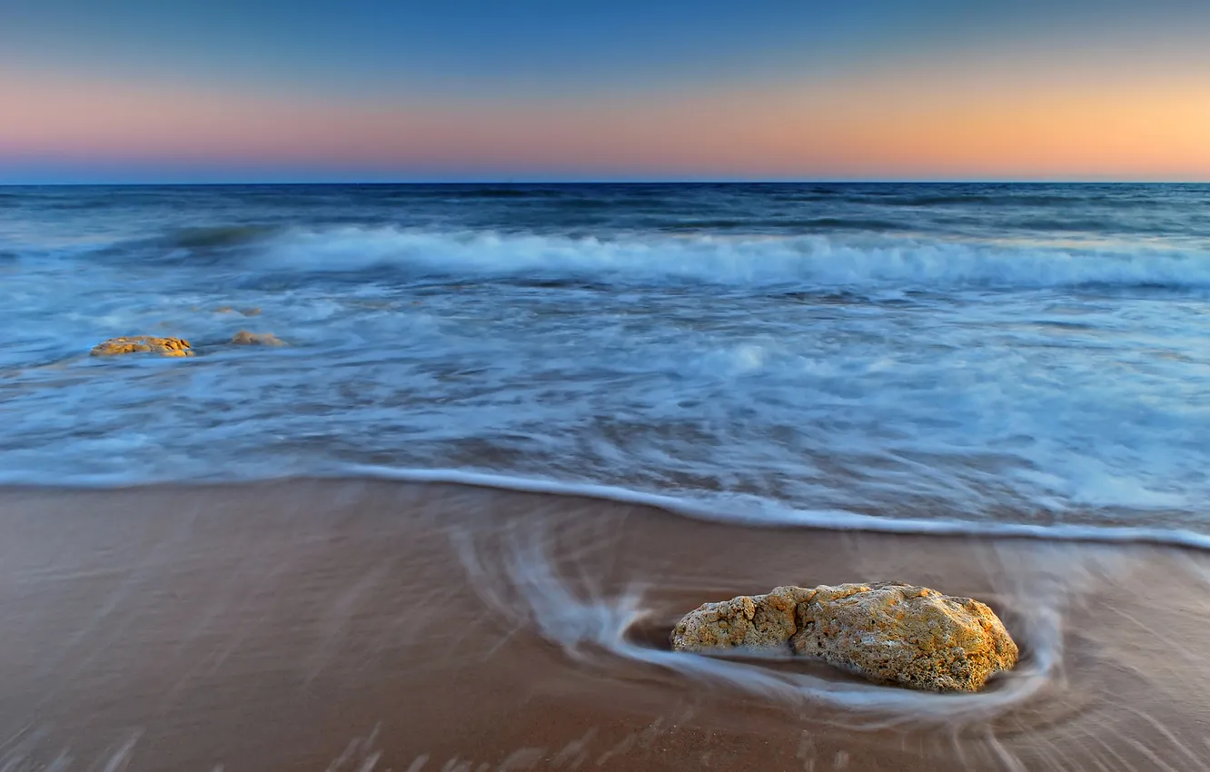 Photo wallpaper sand, sea, wave, sunset, stones