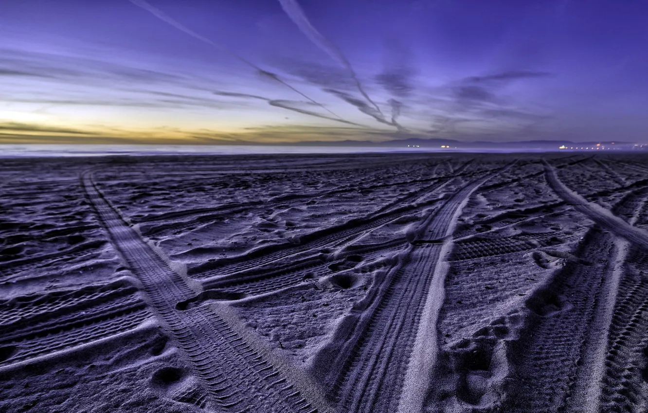 Photo wallpaper sand, beach, the sky, clouds, traces, lights