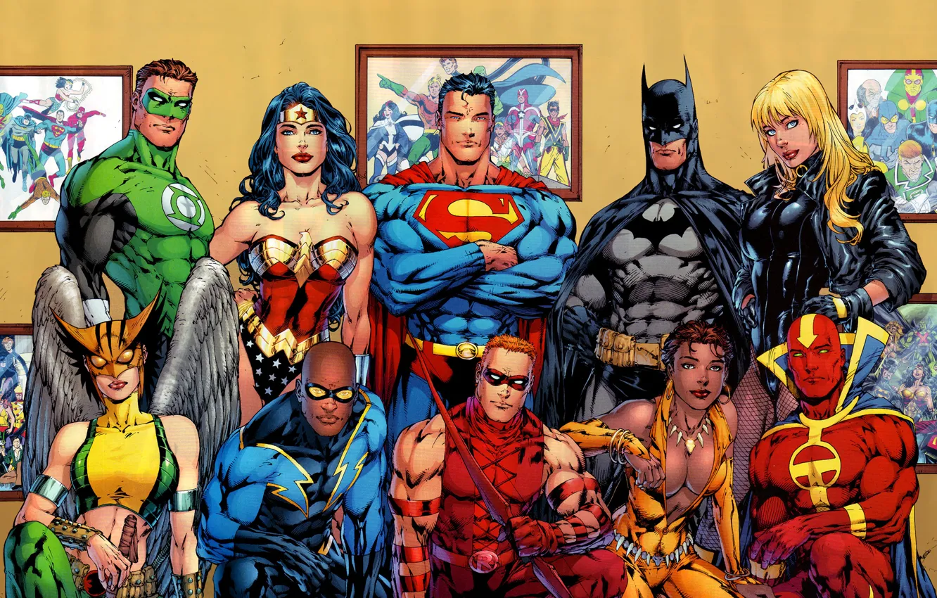 Photo wallpaper batman, superman, comics, heroes, green lantern, wonder woman, dc universe