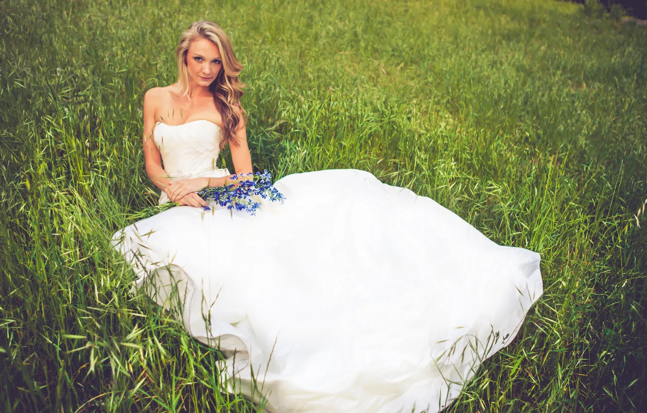 Photo wallpaper field, summer, girl, photo, hair, bouquet, the bride, white dress