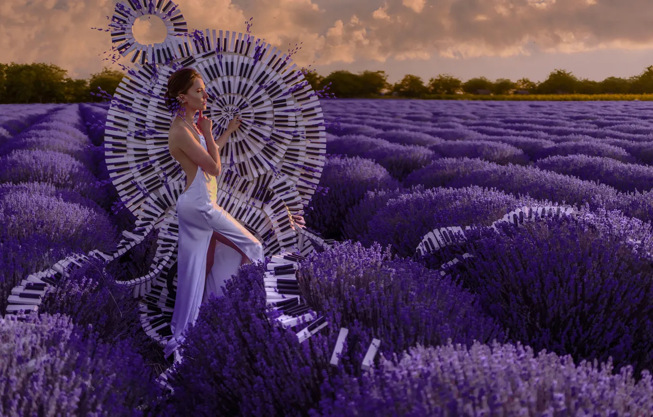 Photo wallpaper summer, girl, nature, style, music, keys, white dress, lavender