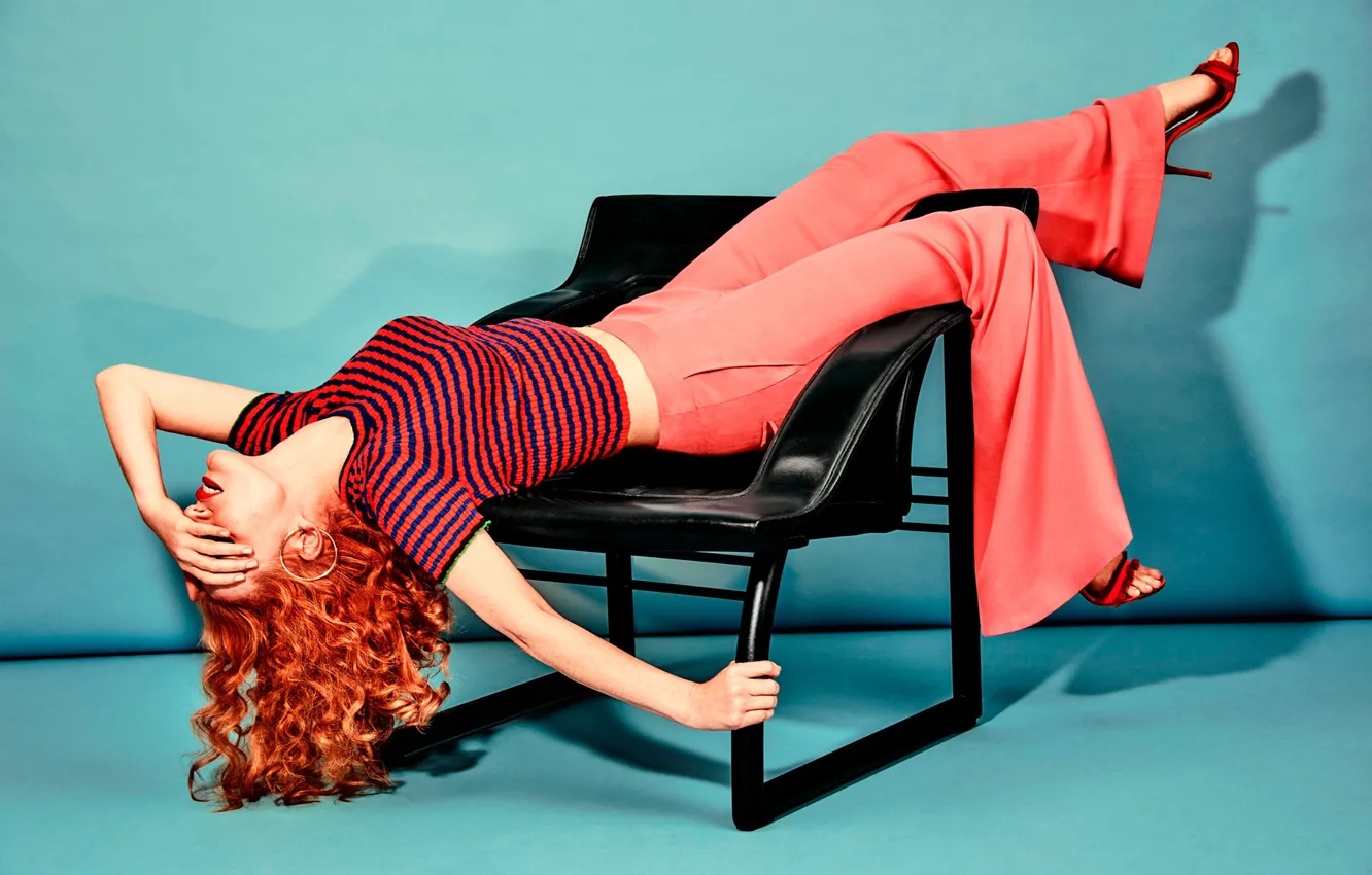 Photo wallpaper pose, actress, chair, shoes, blouse, redhead, photoshoot, pants
