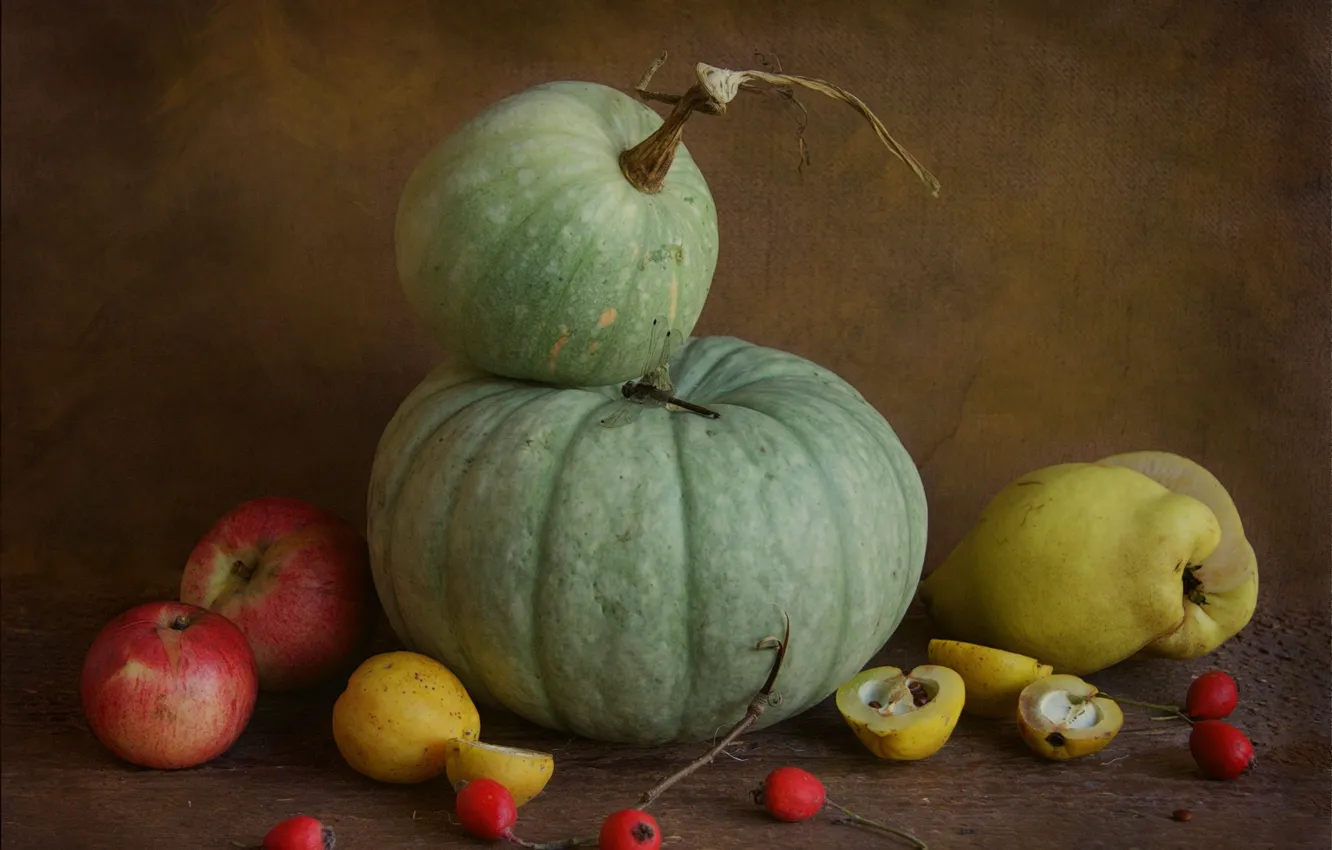 Photo wallpaper table, apples, Board, food, dragonfly, fruit, briar, pumpkin