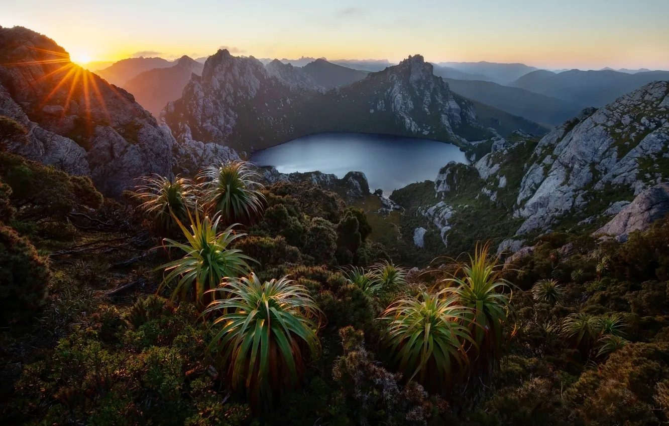 Photo wallpaper mountains, lake, vegetation, view, height