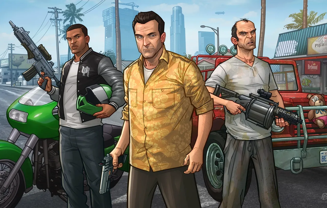 Photo wallpaper art, patrick brown, Michael, gta, Grand Theft Auto V, Rockstar Games, Franklin, Trevor